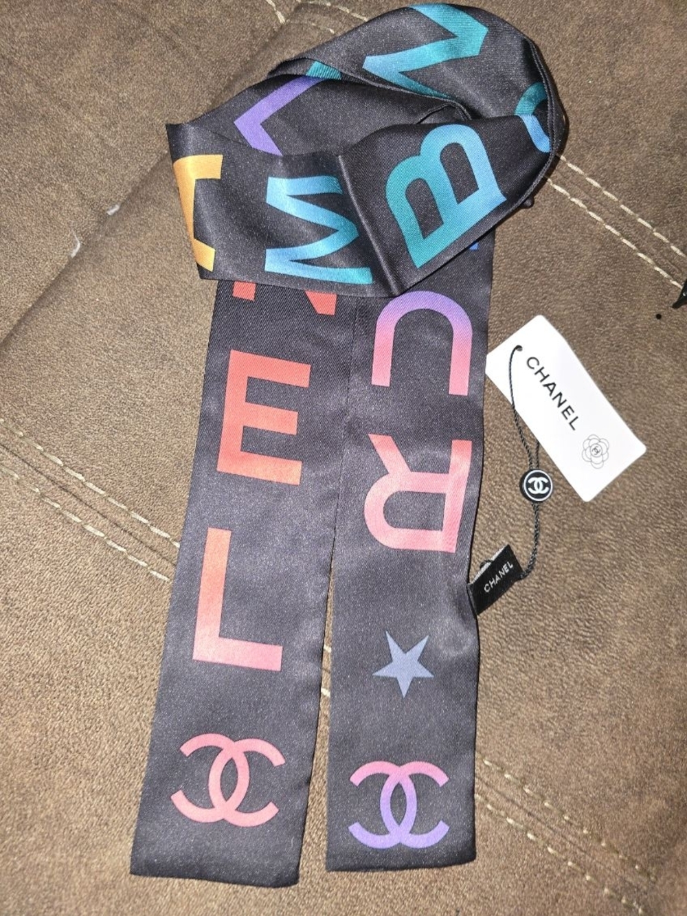 CHANEL Black Silk Logo Twilly with Multicolor Lettering
